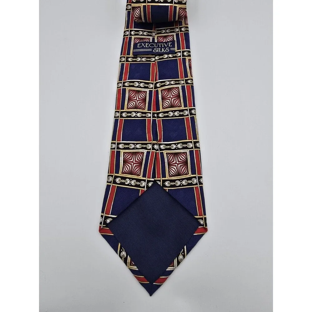 Executive Silks Vintage Men's Silk Tie Blue Red Geometric Grid Pattern RN 59495